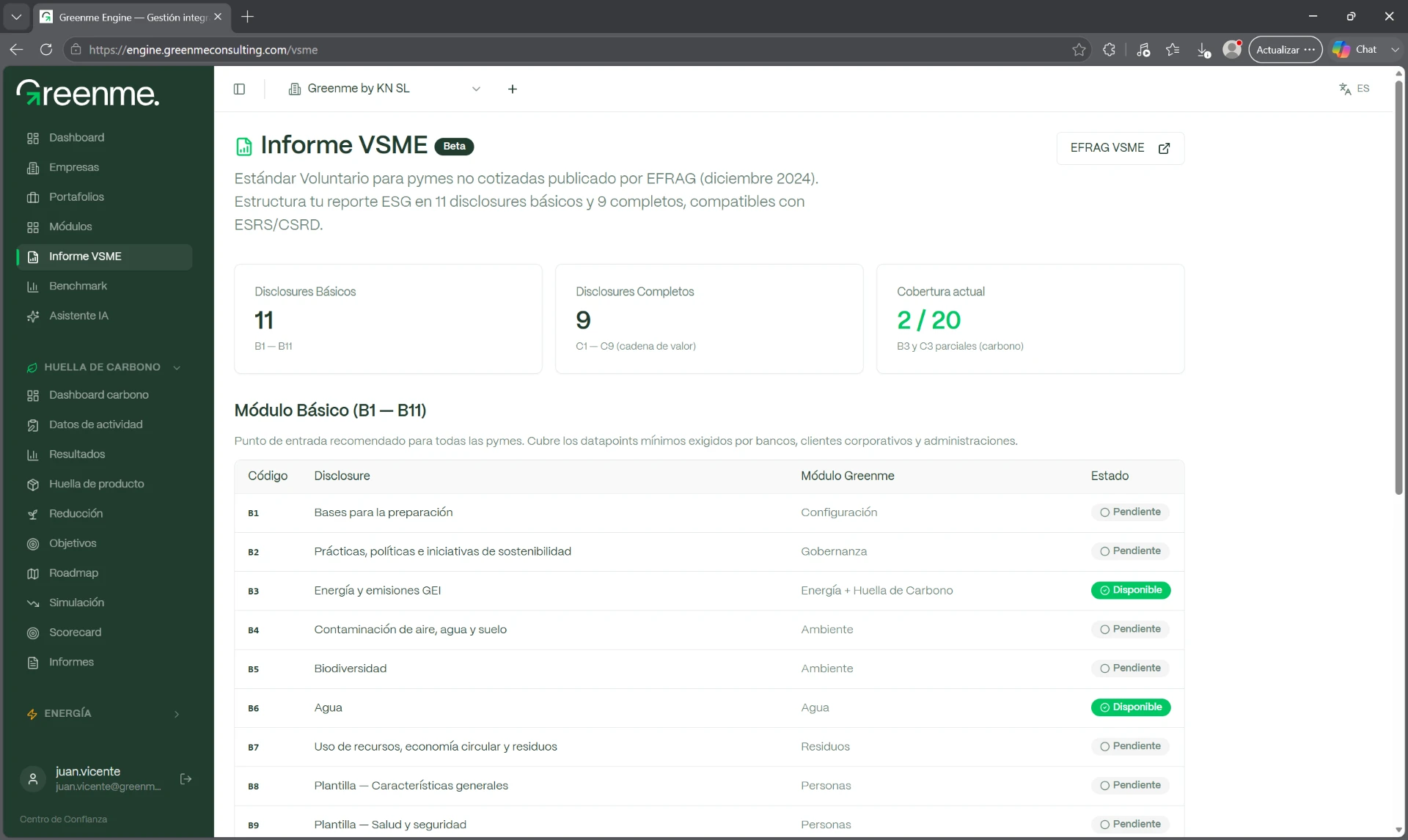 Greenme Engine: informe VSME con disclosures B1-B11, cobertura y estado de cada módulo